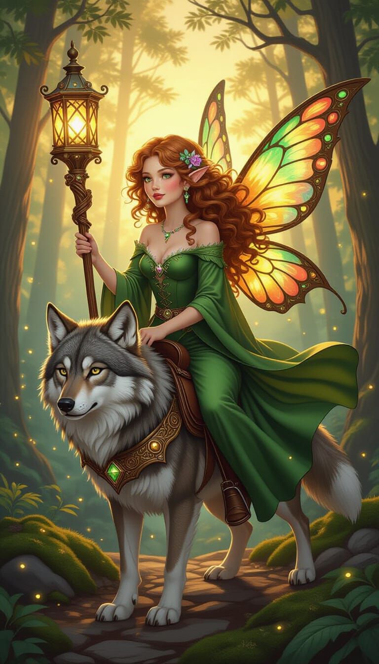 Fairy Riding Wolf Under Golden Sunrise in Forest