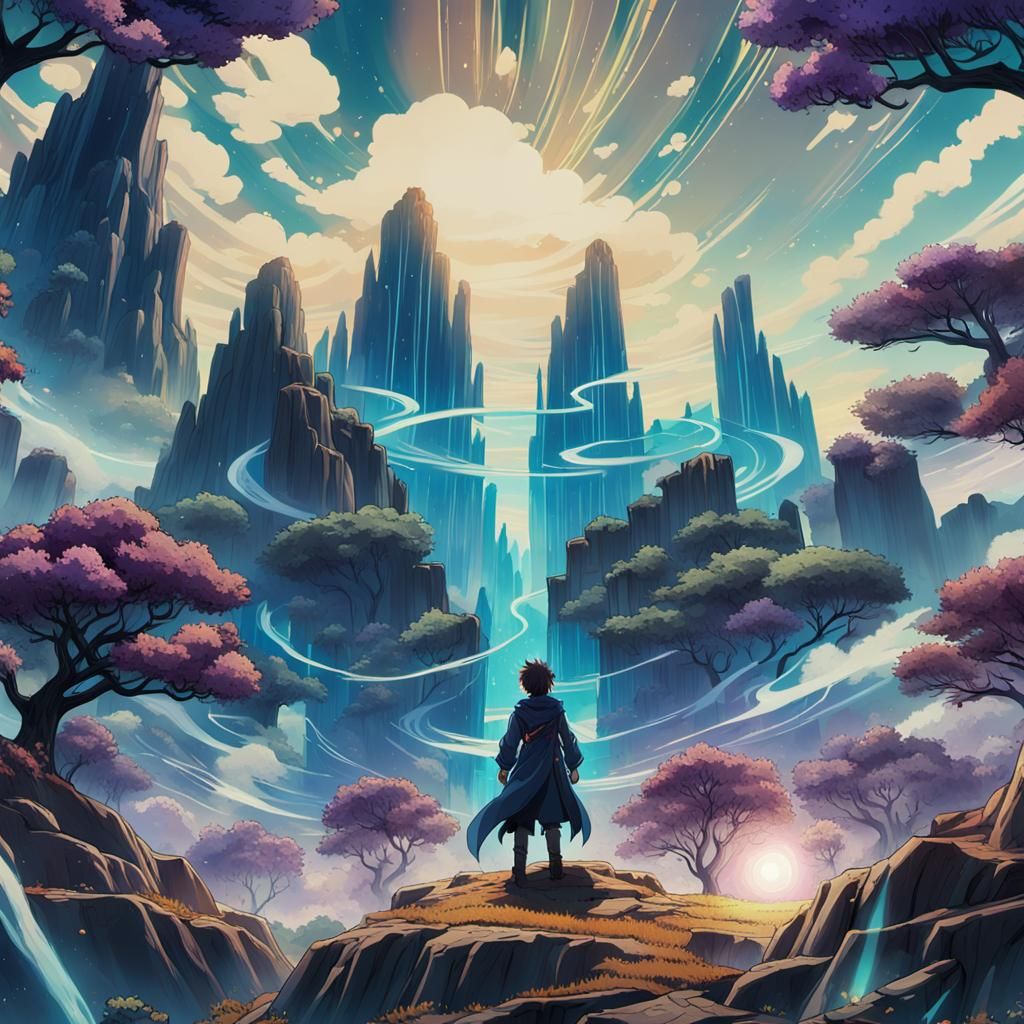 Surreal Anime Landscape with Fiery Sky