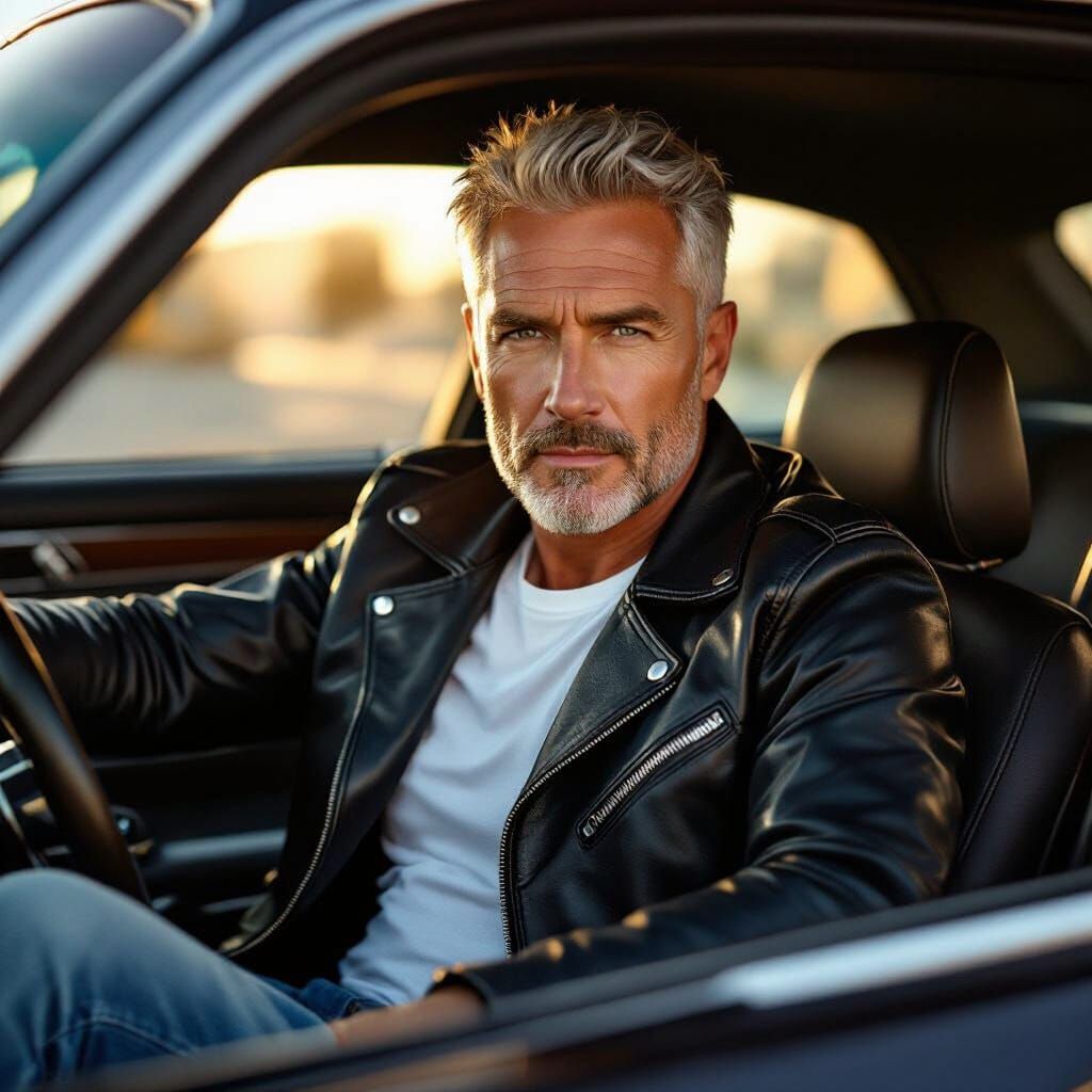 Stylish Man in F1 Car, Cinematic High-Contrast Photo