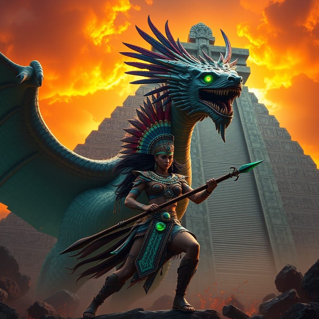 Aztec Warrior Battles Dragon in Fantasy Landscape
