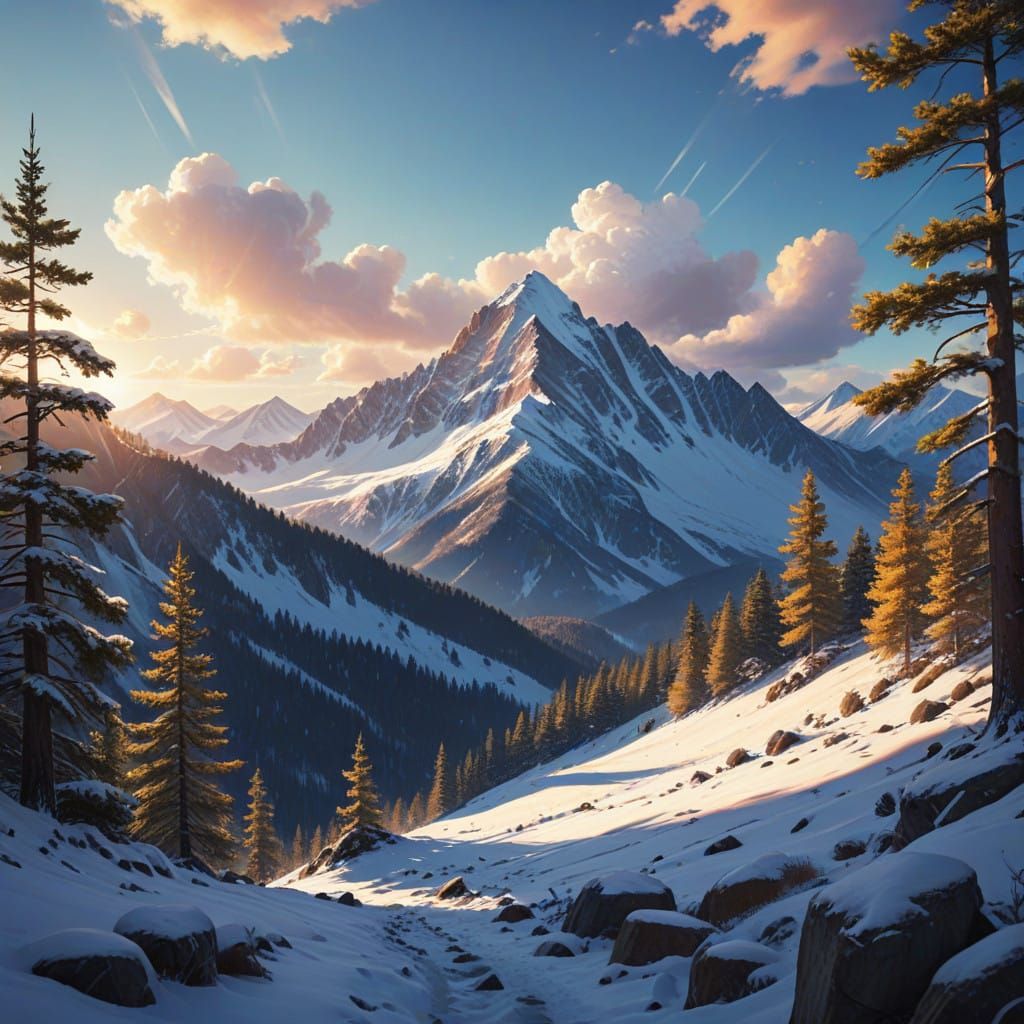 Surreal Anime Mountains Amidst Vibrant Blue Skies