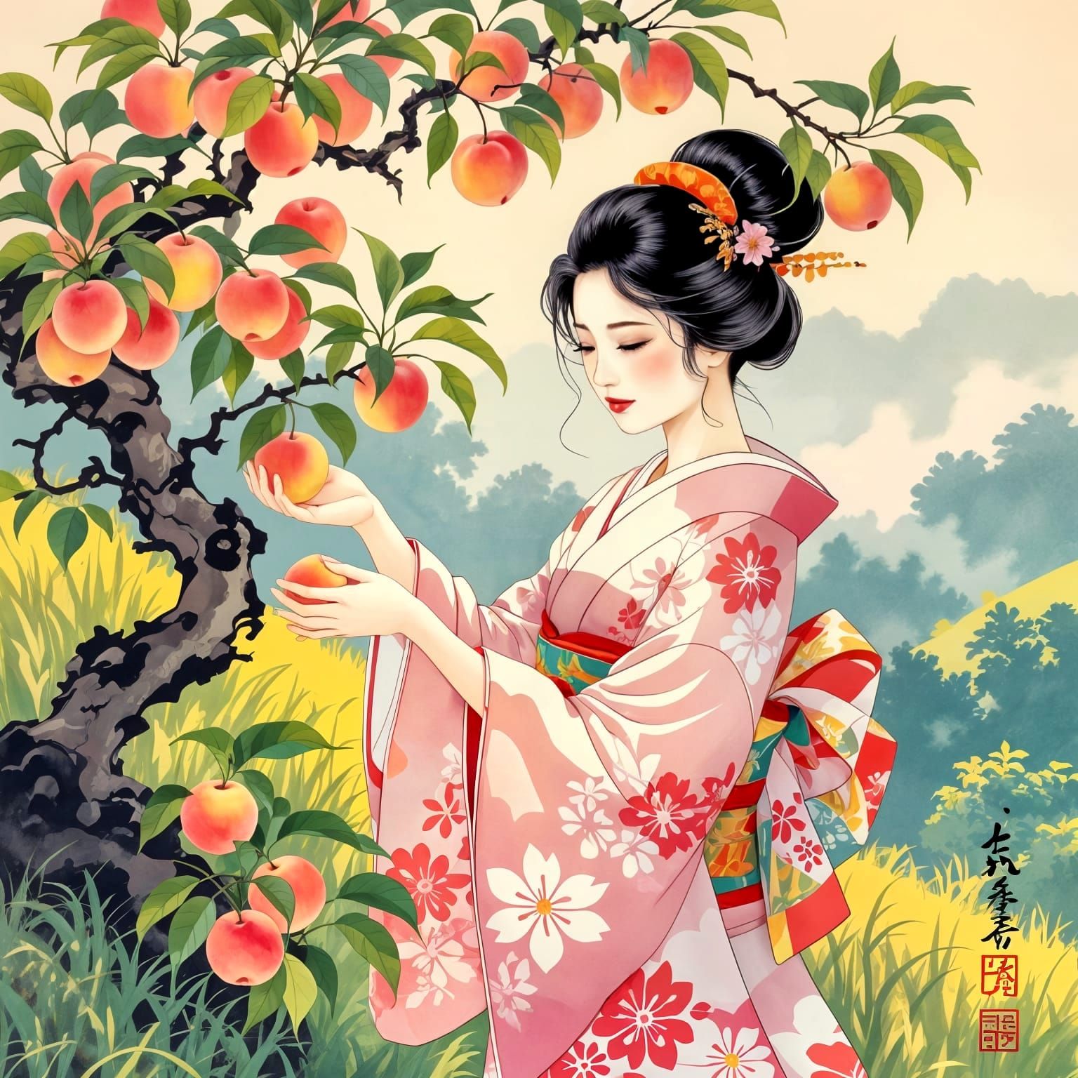 Woman Gathering Pink Peaches in Nihonga Style