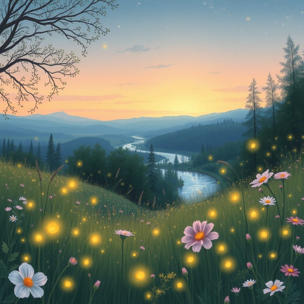 Enchanted Twilight Meadow with Fireflies, in Storybook Style