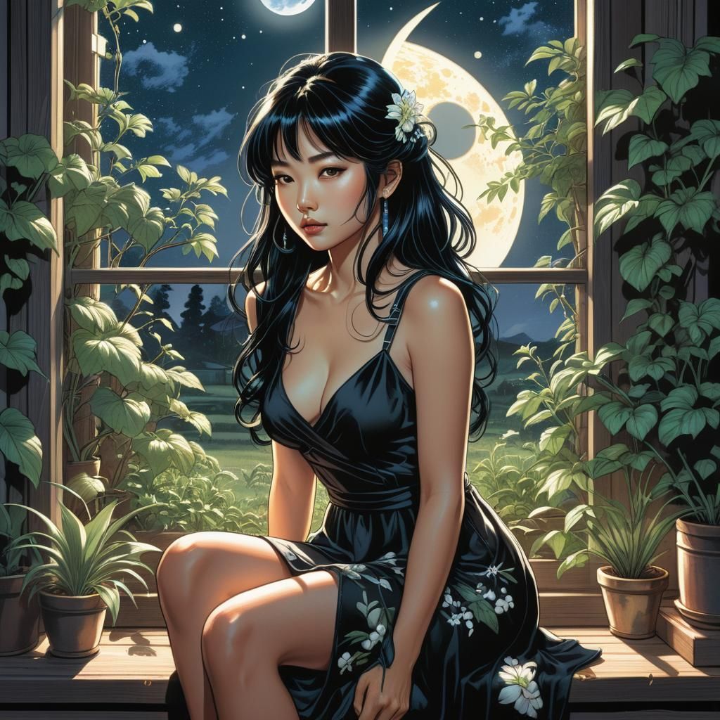 Japanese Woman in Moonlight, Colored Pencil Illustration