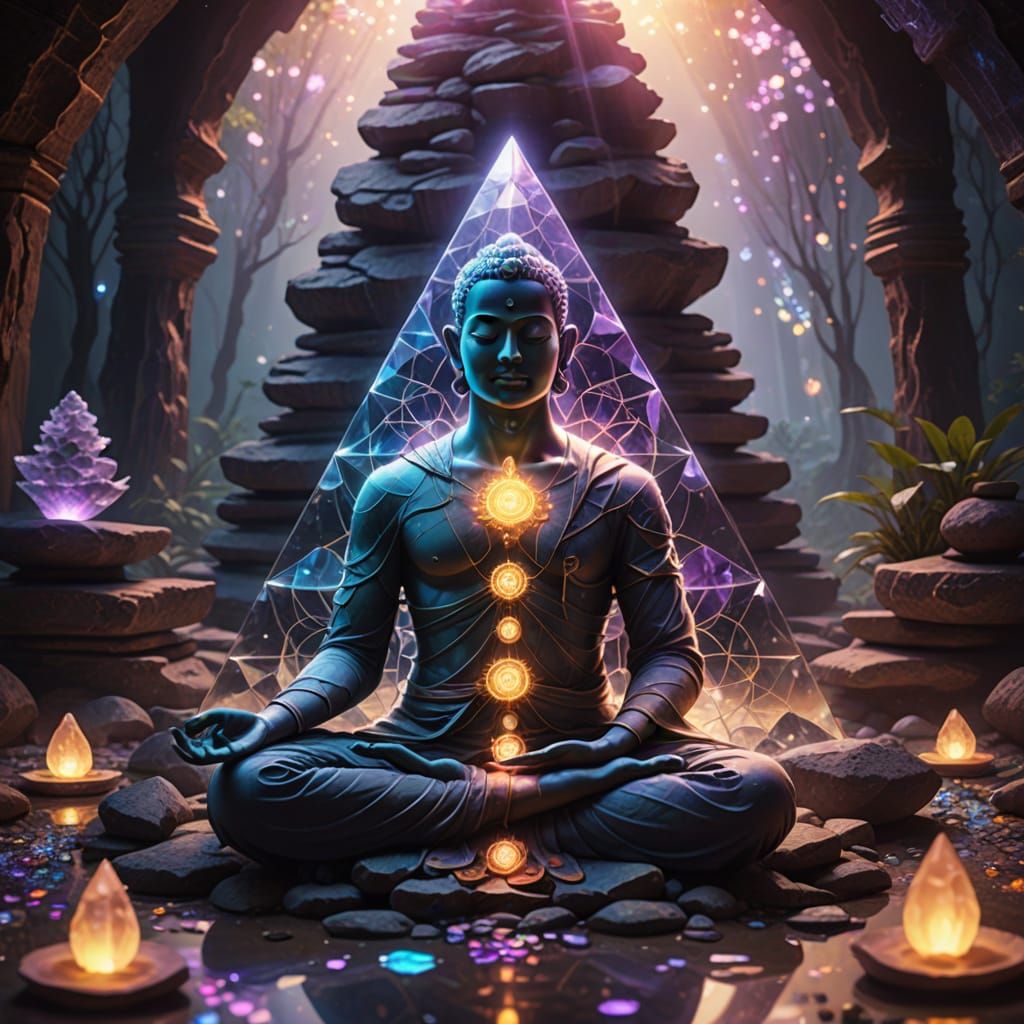 Meditating Being in a Glowing Crystalline Pyramid