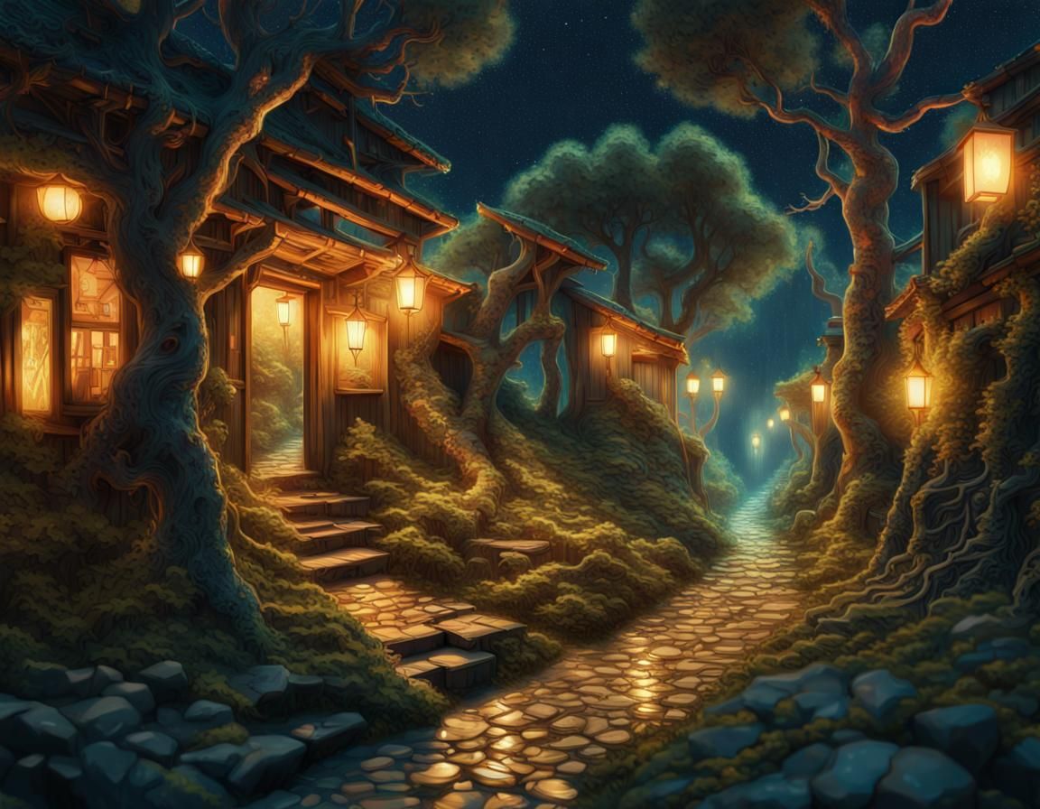 Magical Forest Alleyway at Night in Fantasy Art Style