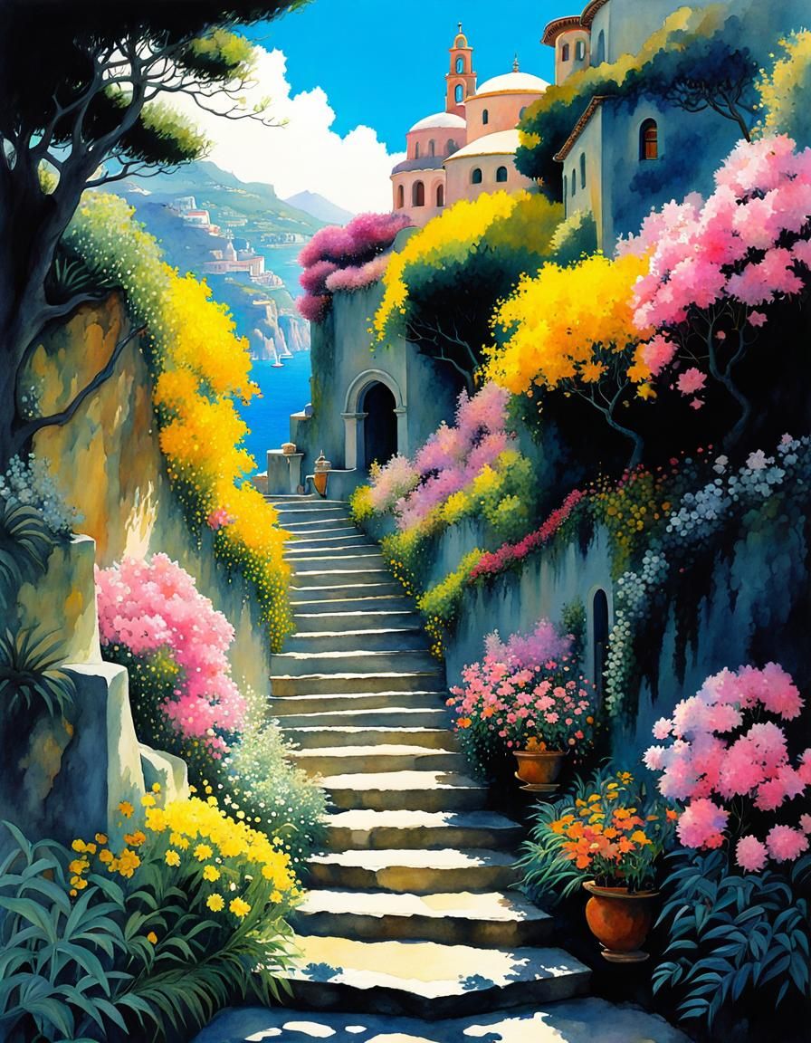 Magical Amalfi Path: Studio Ghibli Watercolor