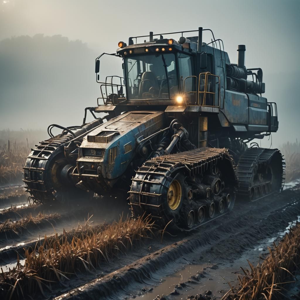 Futuristic Harvester in Misty Bog: Cinematic Film Still