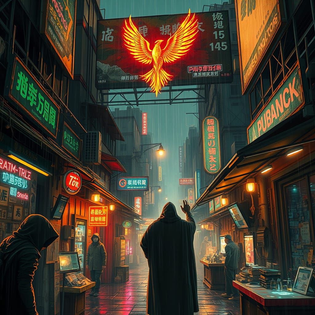 Cyberpunk Market with Mythical Holograms