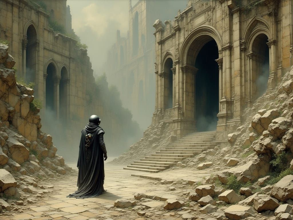 Astronaut at Temple Entrance on Alien World