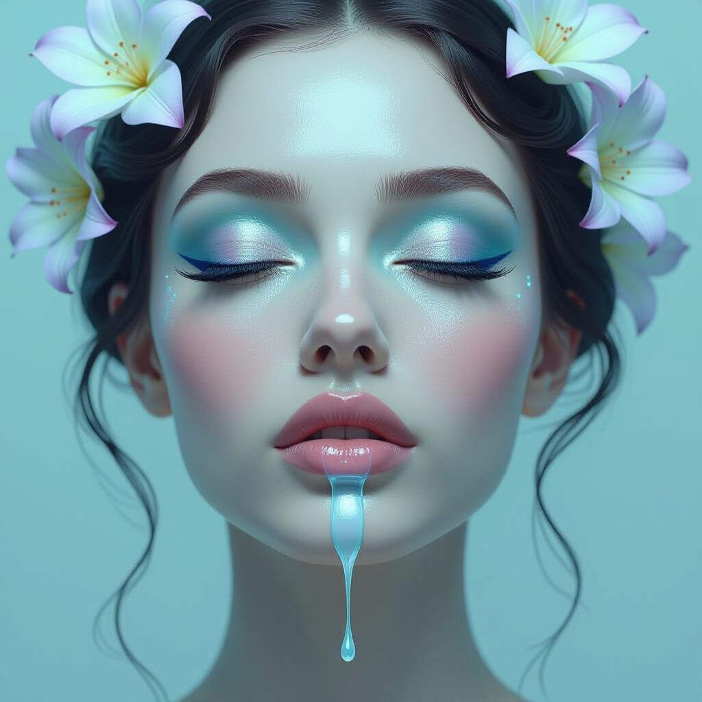 Surreal Portrait of a Woman with Holographic Porcelain Skin