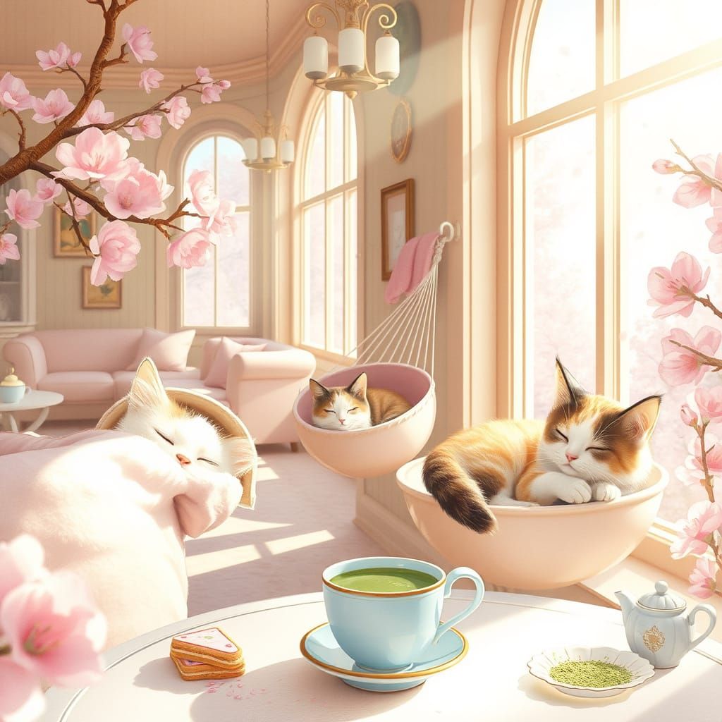 Whimsical Cat Café in Soft Pastel Hues and Warm Sunlight