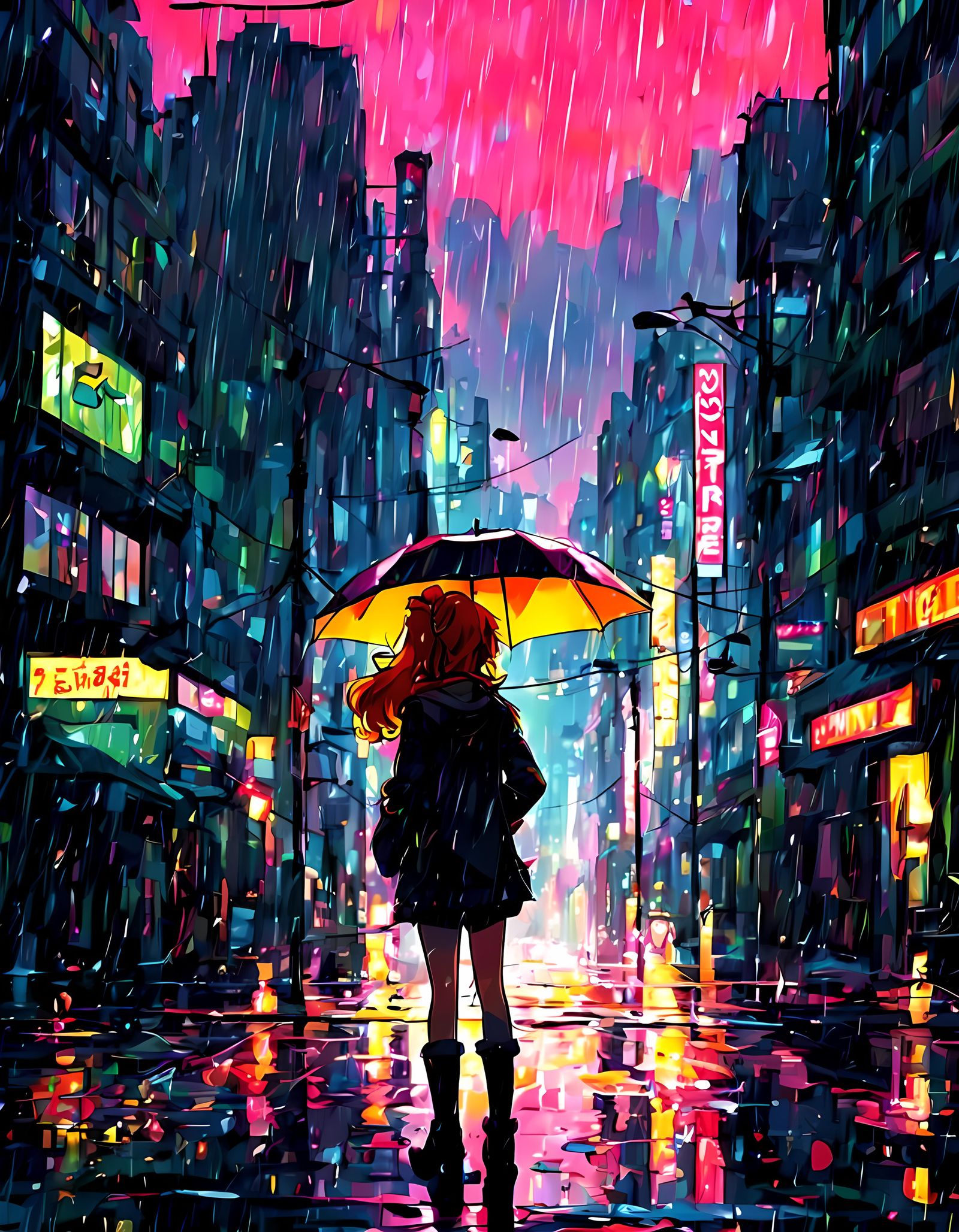 Sunset Shimmer in Rain, Anime Style Cityscape