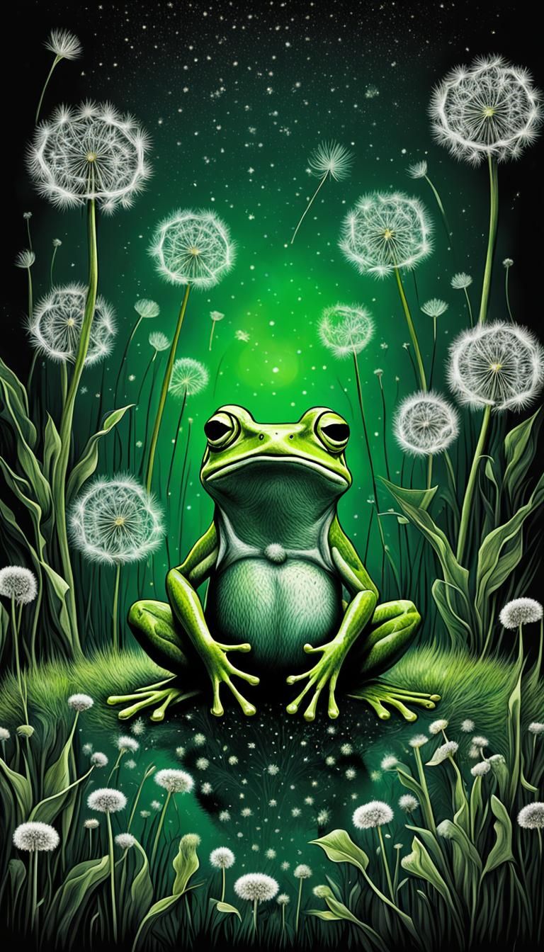 Green frog beneath dandelions Kids Crayon drawings ,surreal child's drawing dandelion trees , rayograph , photogram, g...