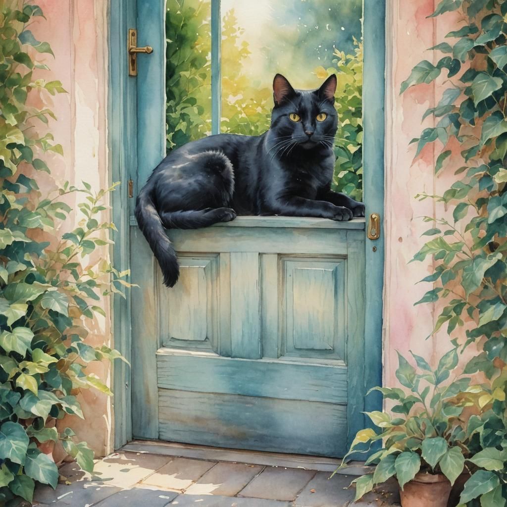Black Cat at Door in Watercolor Painting
