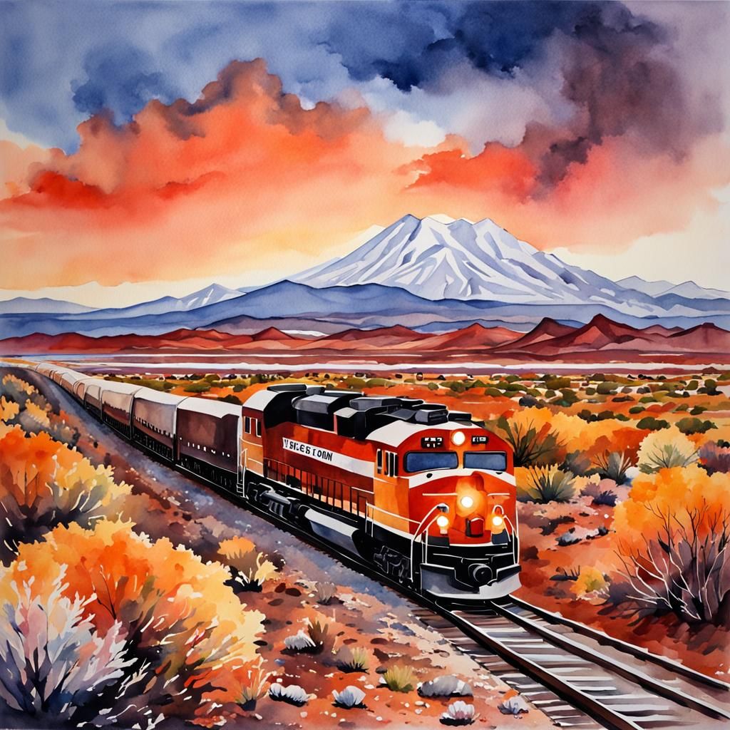 Train Through Painted Desert in Watercolor Style