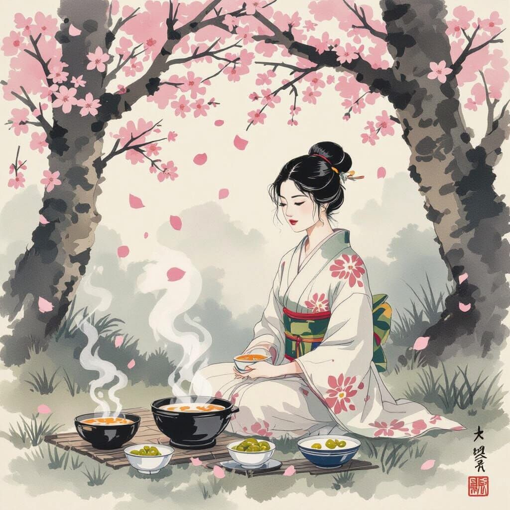 Woman with Soup under Cherry Blossoms, Yamato-e Style