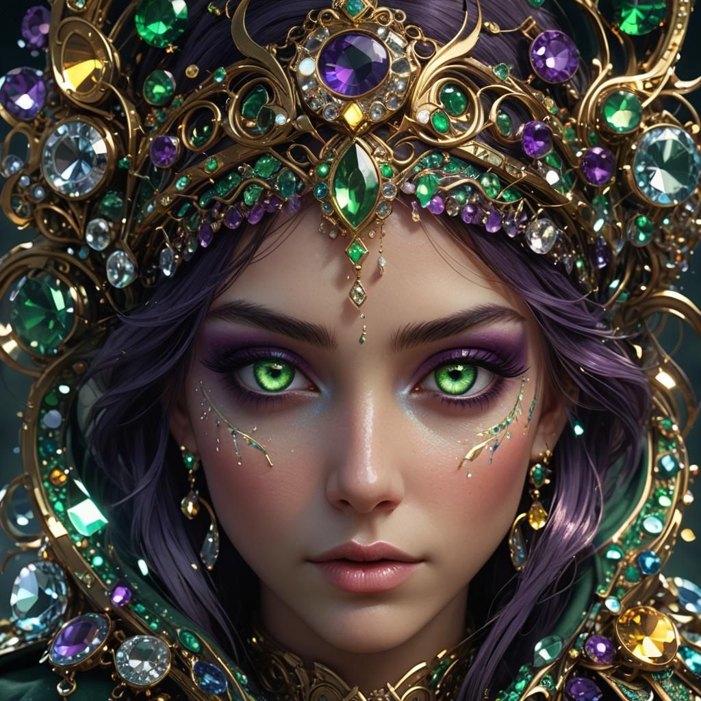 Crystal Green Eyes with Gems in Dark Fantasy Style