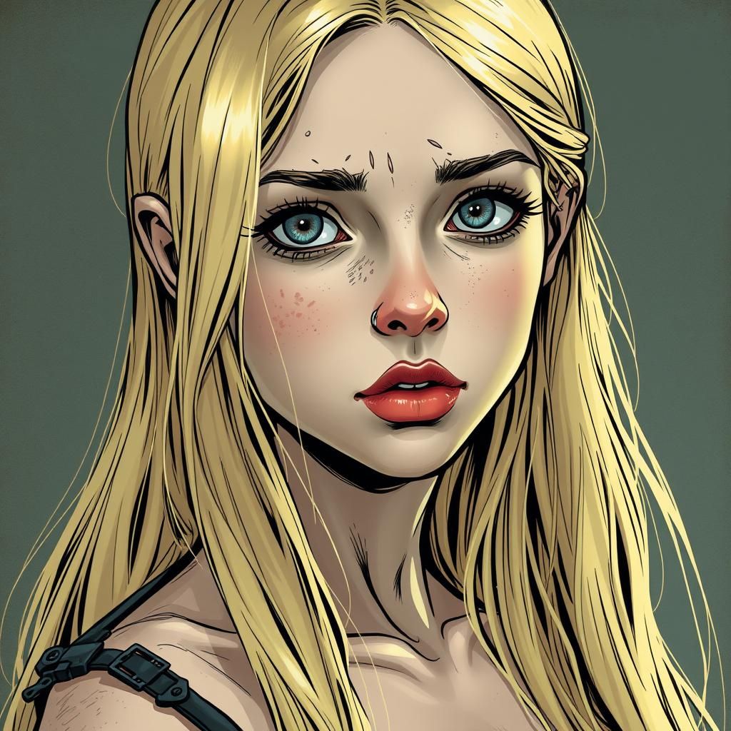 Melancholic Girl with Lip Piercing in Comic Book Style
