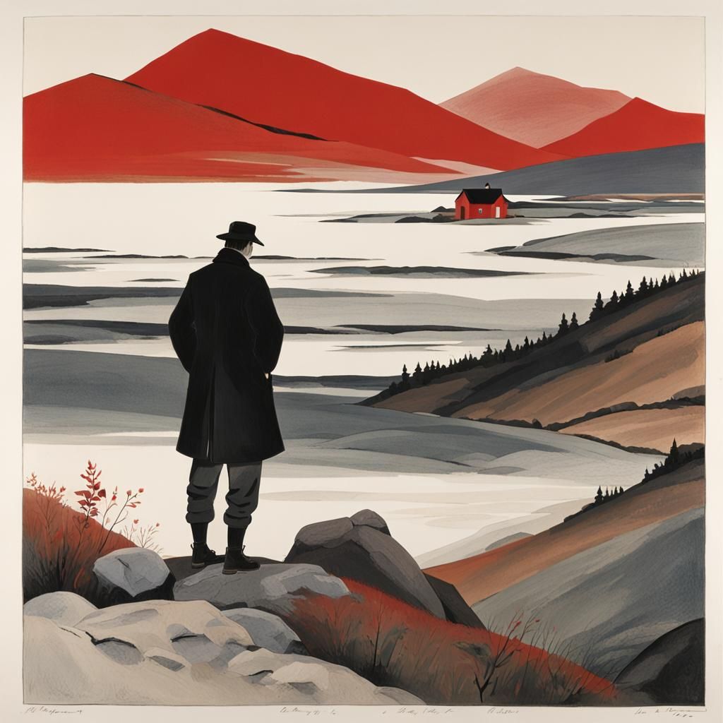 Contemplative Figure in Mountain Landscape