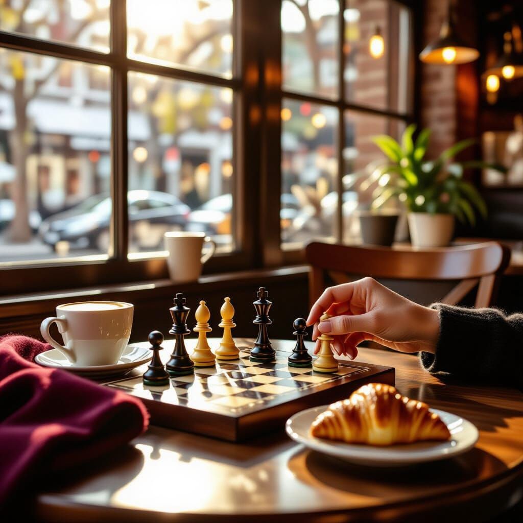 Chess Game in Sunlit Coffee Shop