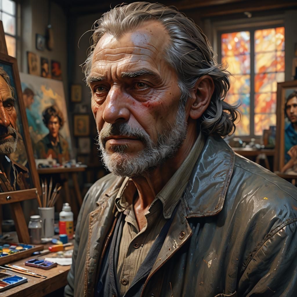 Hyperrealistic Portrait of an Older Man in Art Studio