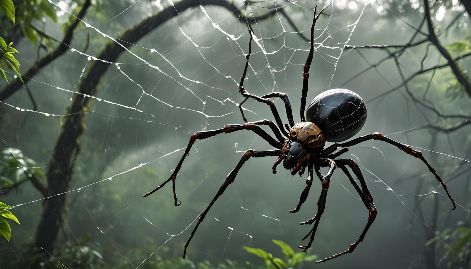 Alien Spider with Metal Exoskeleton in Rainforest