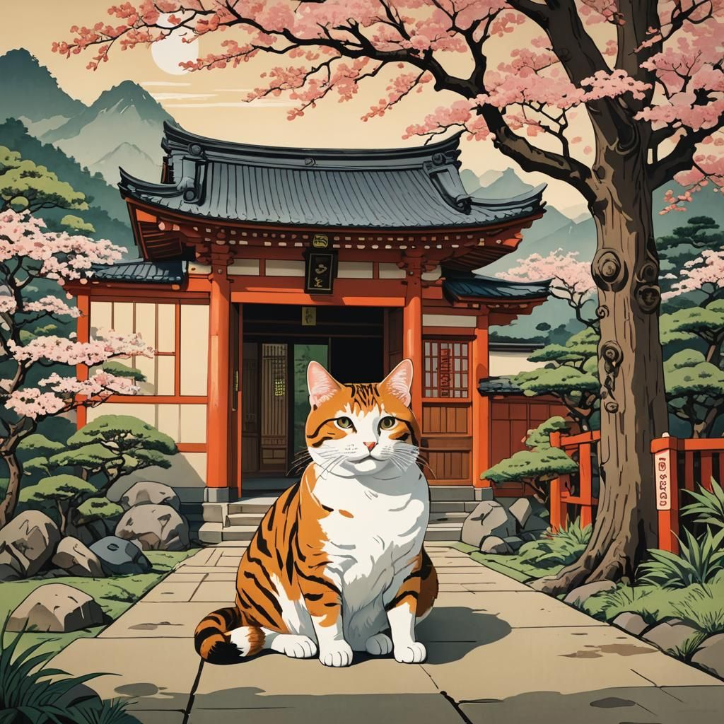 Wise Cat at Shinto Temple in Ukiyo-e Style