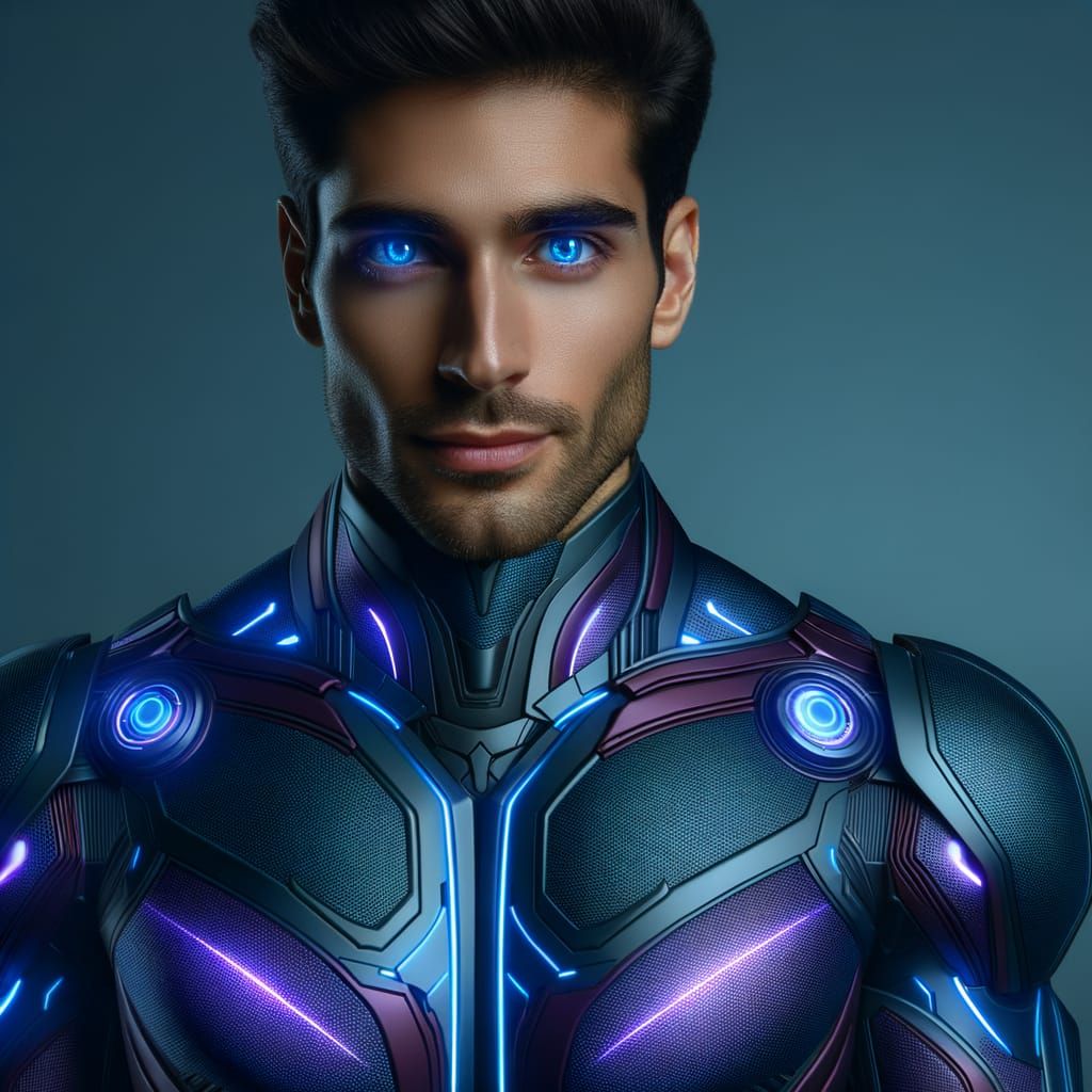 Handsome Hispanic Man in Purple High-Tech Armor Suit