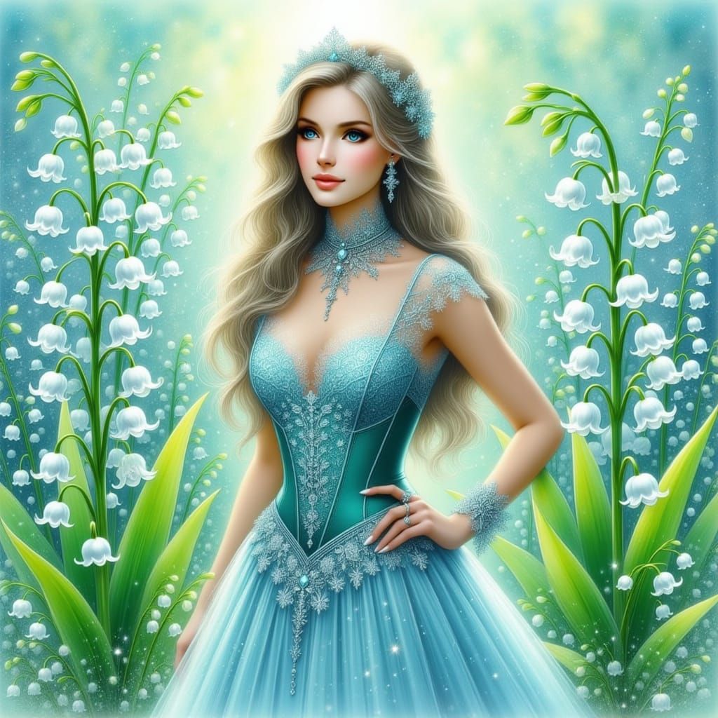 Ethereal Woman in Blue Gown Amidst Lilies