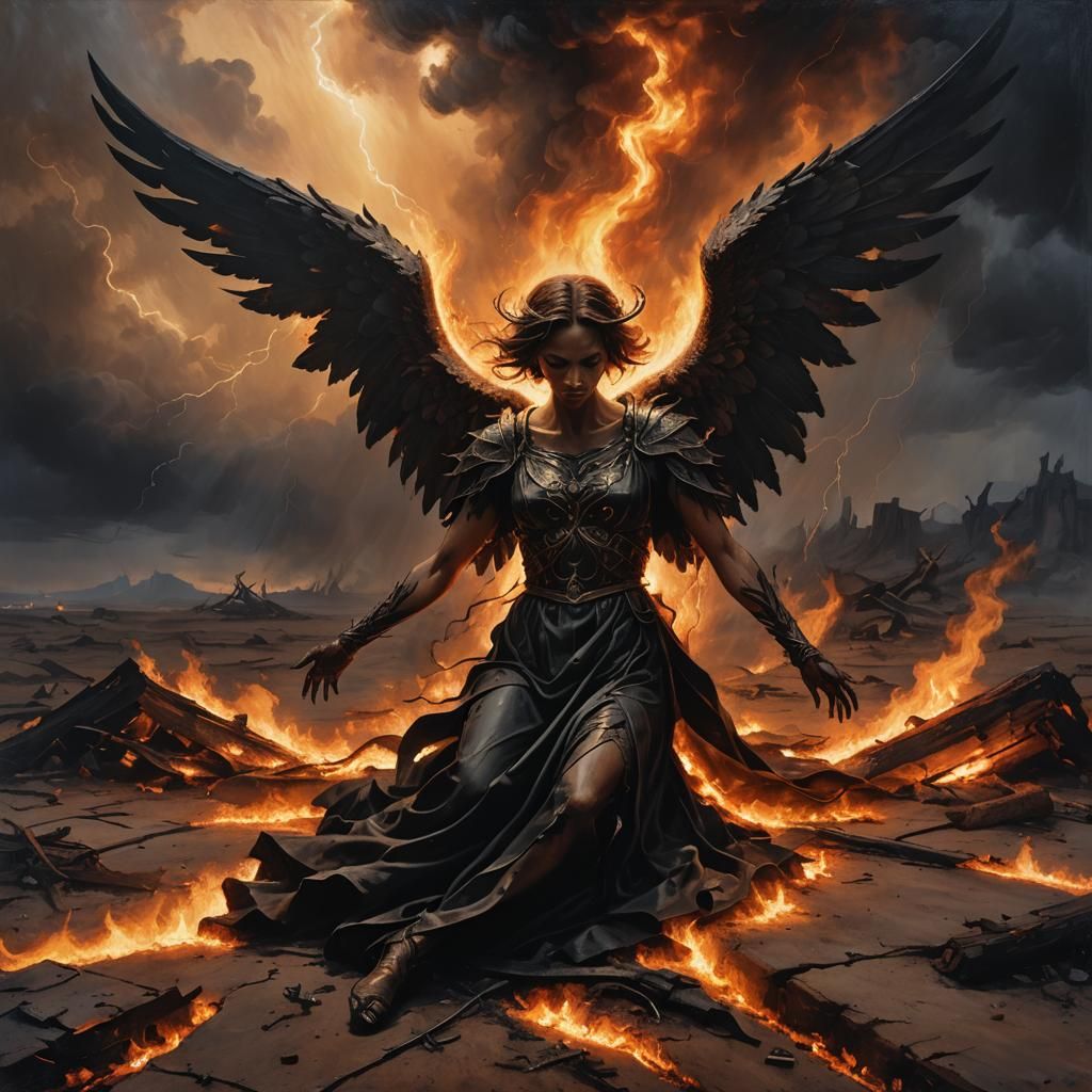 Fallen Angel in Wasteland: Ominous Oil Painting