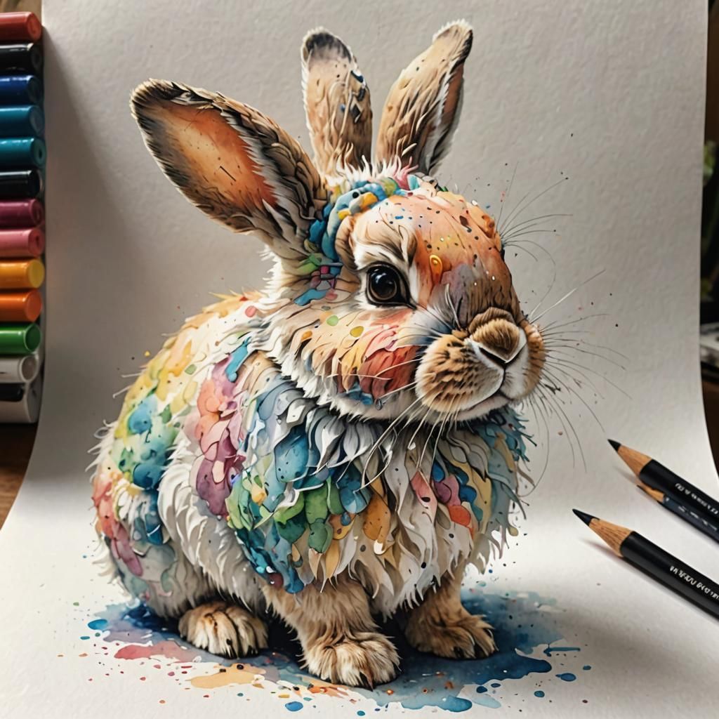 Detailed Fluffy Bunny in Watercolor Style