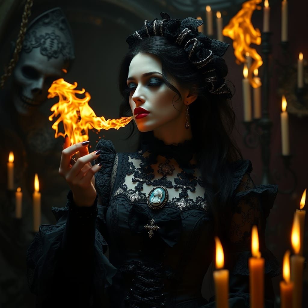 A goth macabre grotesque female spitting fire on a dark circus show, horror, dark, intricate design and details, dramati...