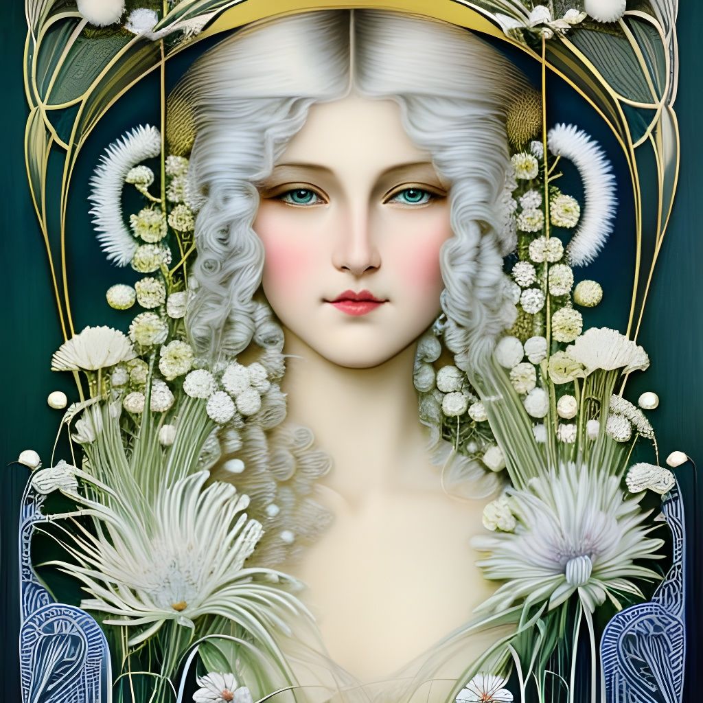 Girl with White Flowers: Art Nouveau Digital Painting
