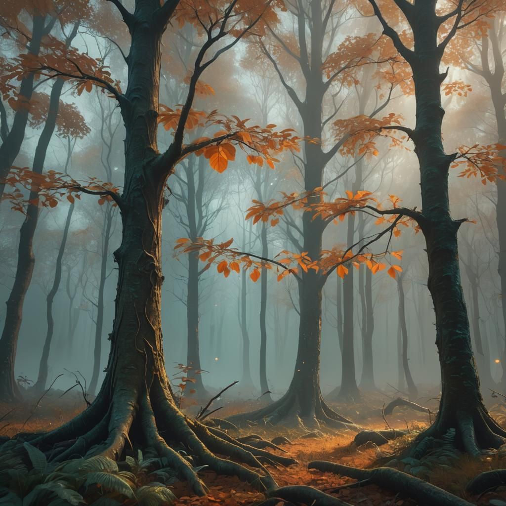 Mystical Orange Trees in Misty Forest Clearing
