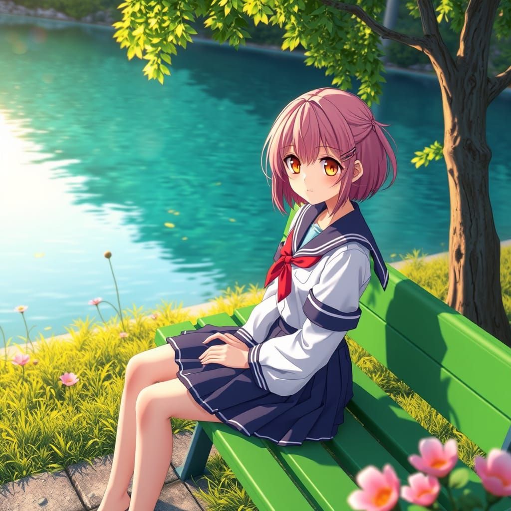Anime Schoolgirl at Sunset in 3D Style