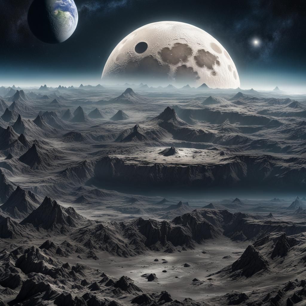 Moon Cityscape with Earth and Distant Galaxies