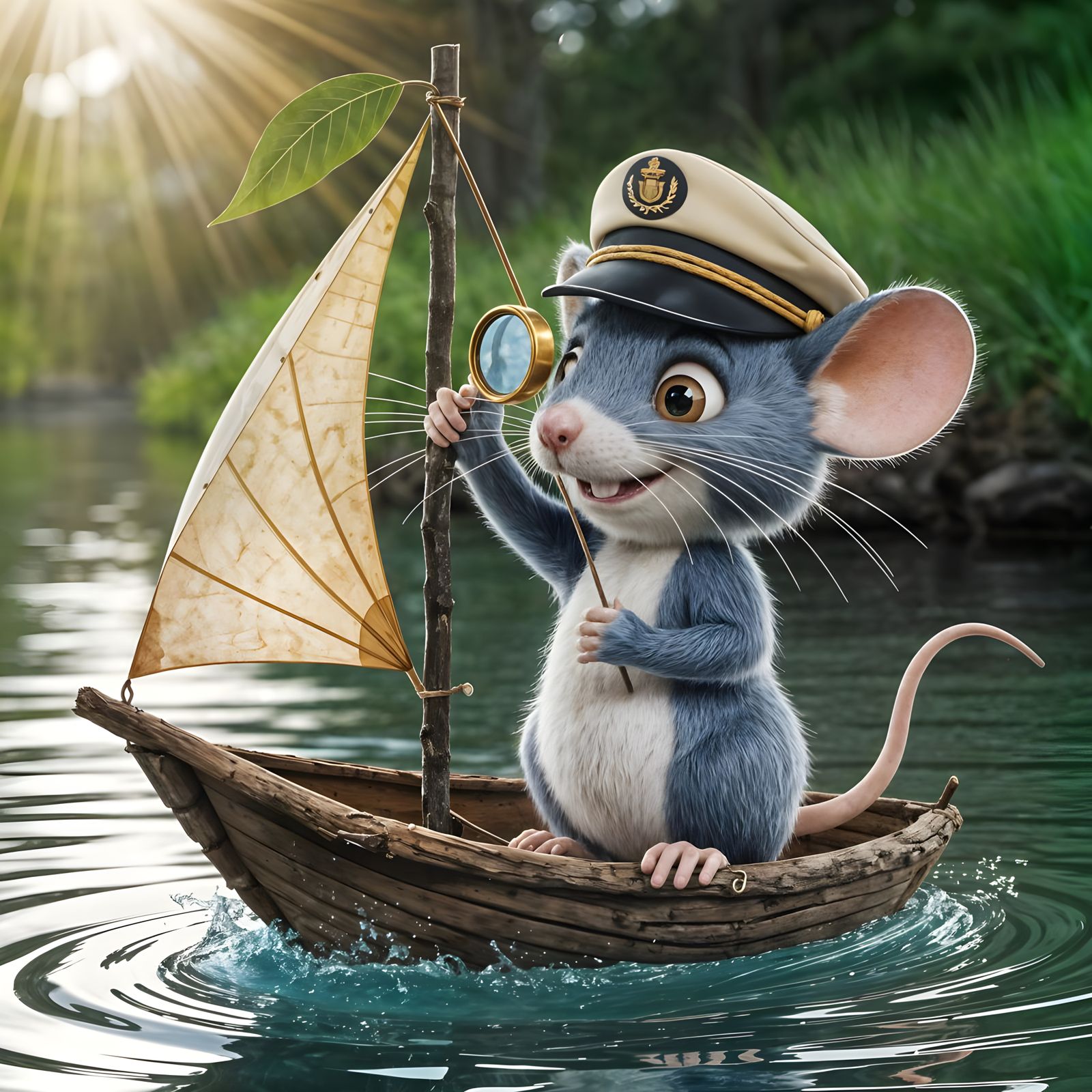 Whimsical Mouse Captain Explores River on Bark Boat