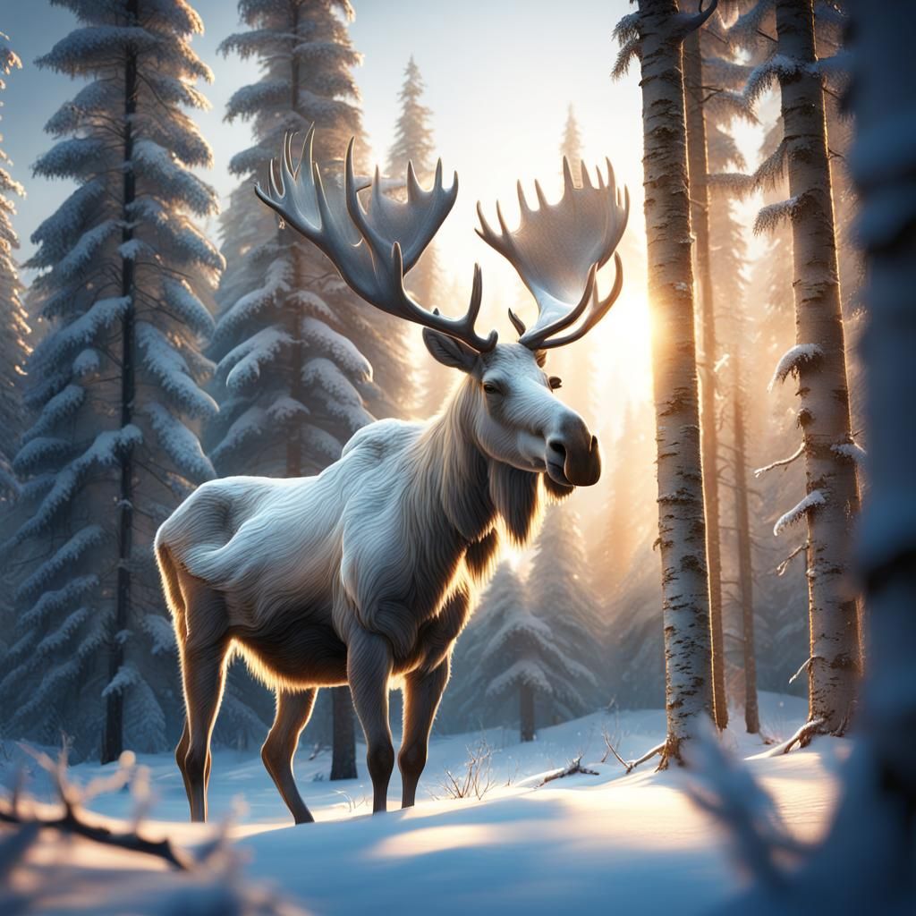 Majestic White Moose in Snowy Forest Clearing