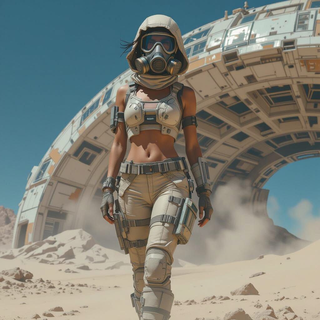 Post-Apocalyptic Survivor in Desert Sci-Fi Landscape