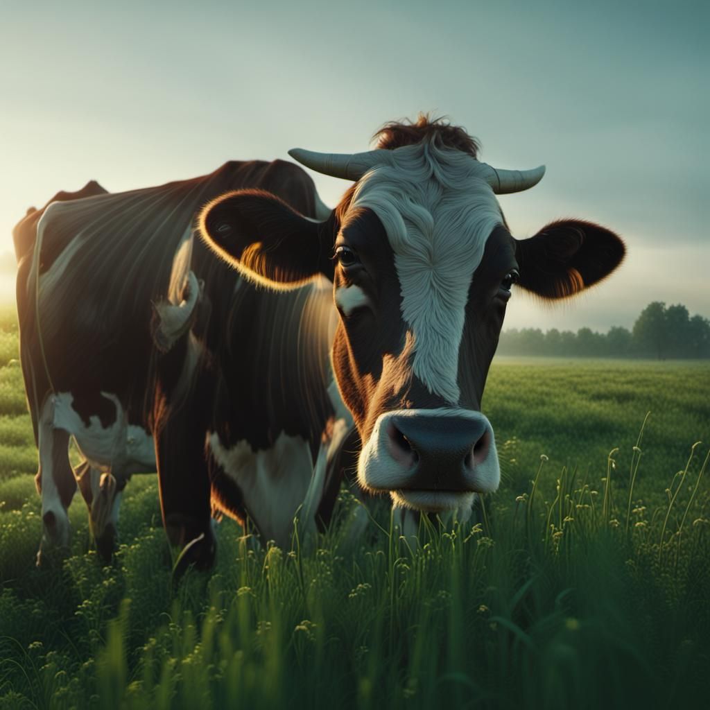 Cow Grazing at Dawn: Cinematic Digital Painting