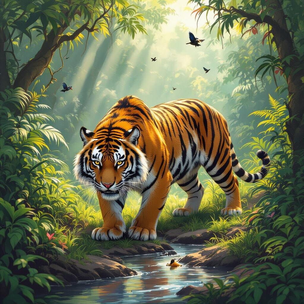 Tiger Stalking Prey in Lush Asian Jungle