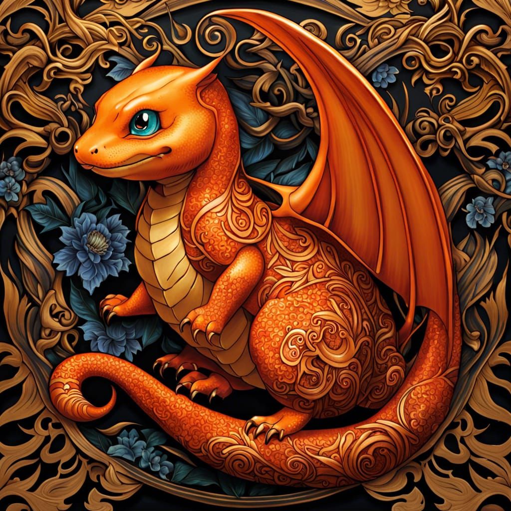 Charmander with Fire Motifs in Japanese Style
