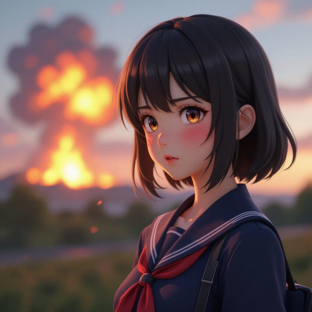Anime Girl Blushing at Fiery Explosion in 3D Style