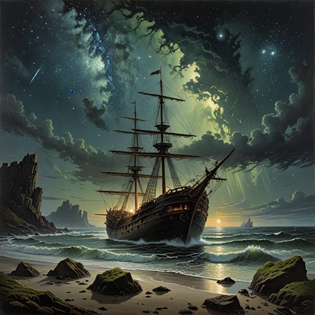 Ancient Shipwreck on Shore in Ethereal Night Sky