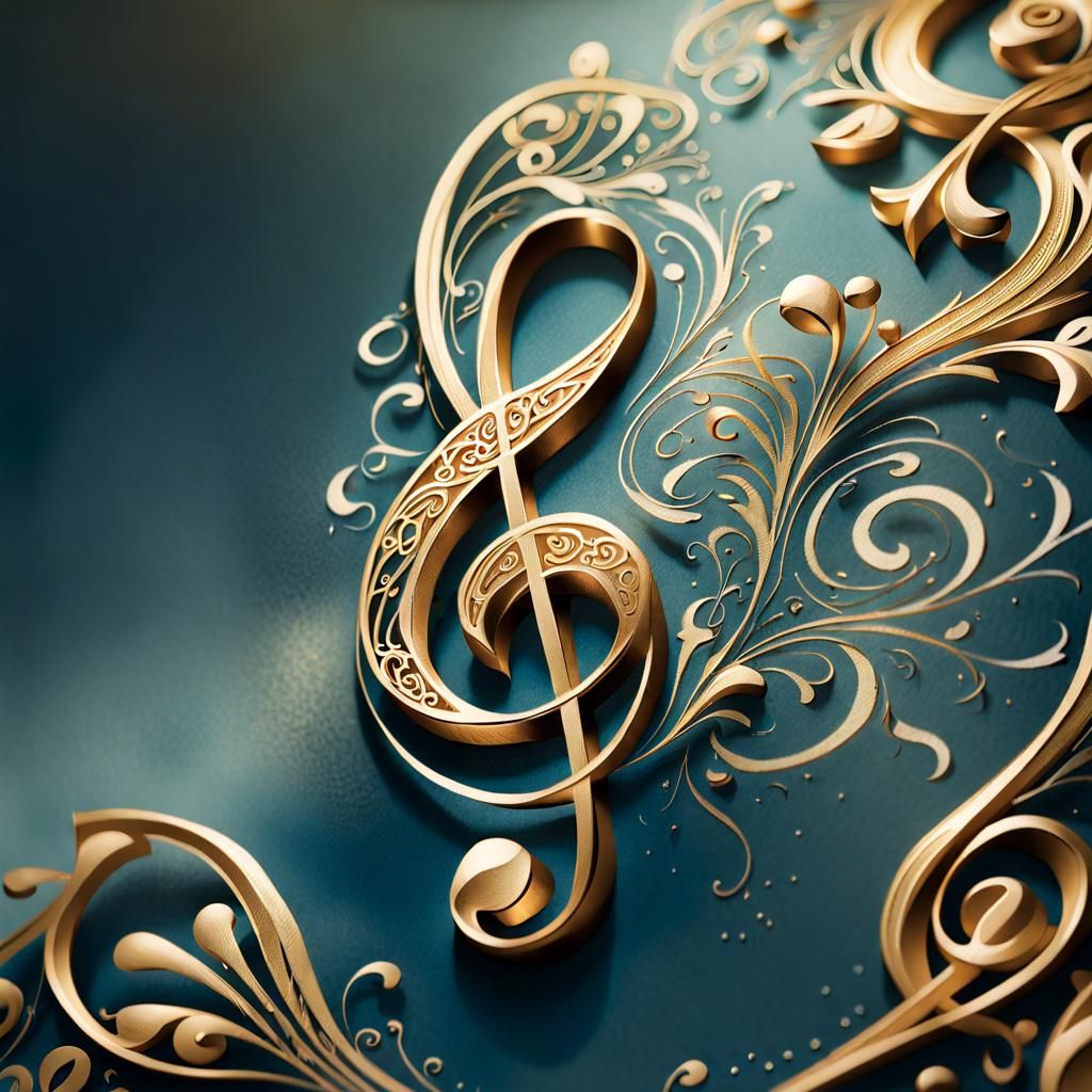 Gold Cursive Letter 'E' with Treble Clef Calligraphy