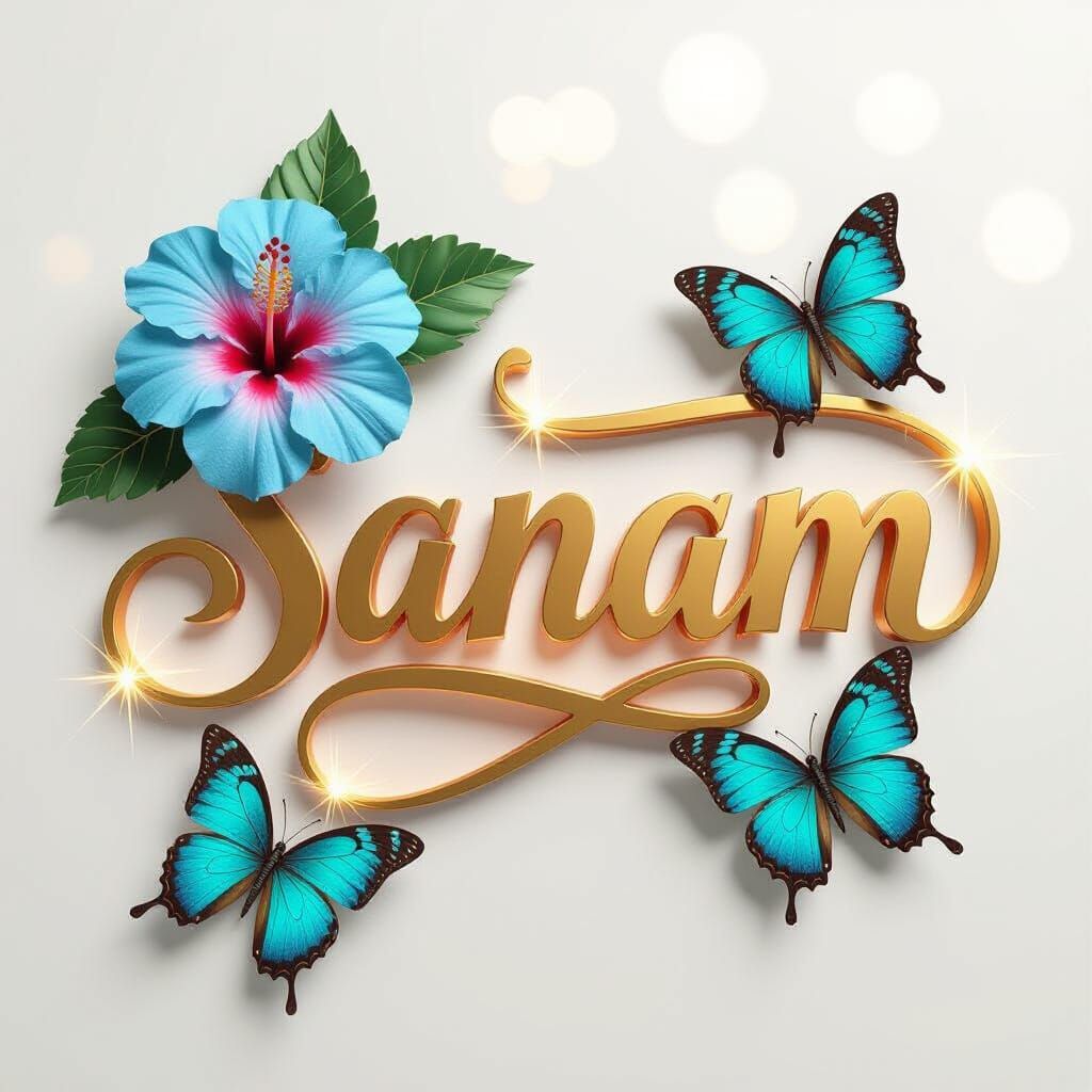 Golden Sanam in 3D with Hibiscus and Butterflies