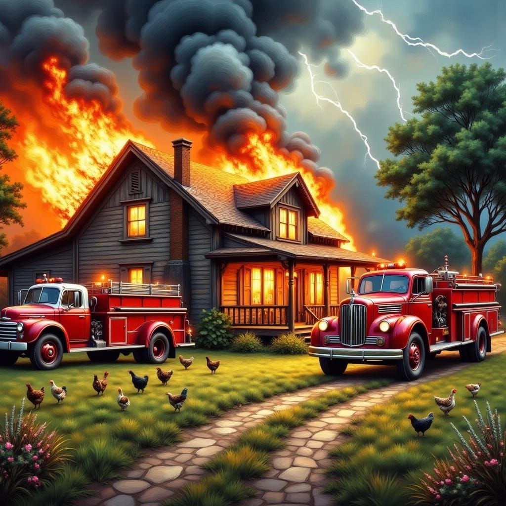 Rustic Farmhouse Engulfed in Flames in a Stormy Landscape
