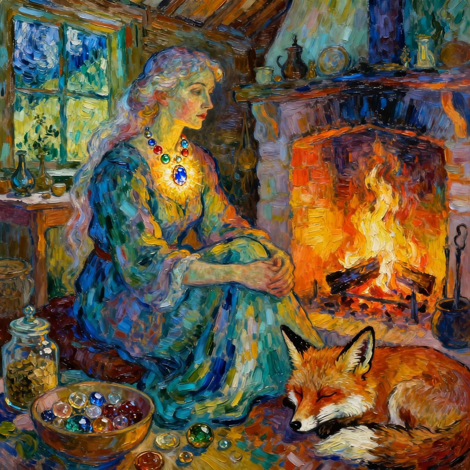 Magical Woman Reading Embers with Fox Familiar