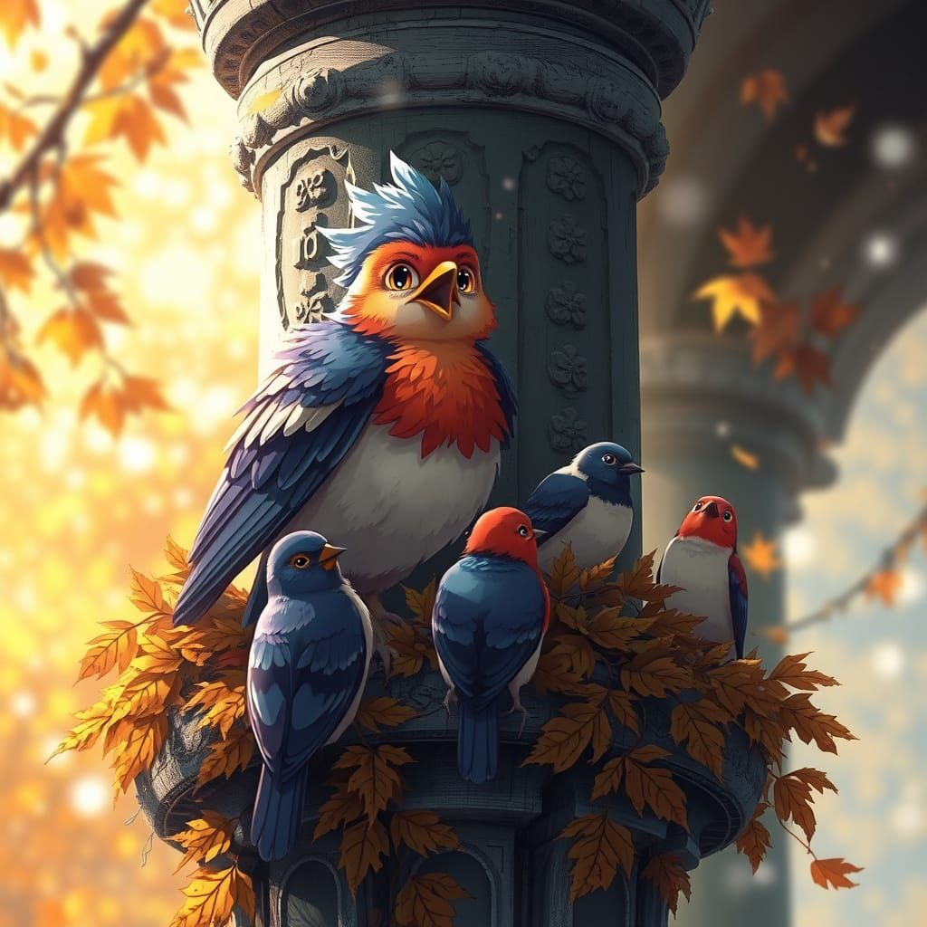 Expressive Bird Singer on Autumn Architecture